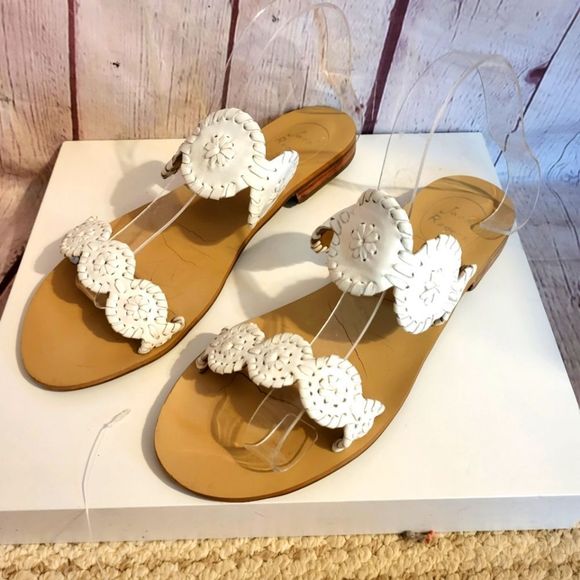 Jack Rogers Shoes - Jack Rogers "Lauren" White Leather Whipstitch Trim Strappy Sandals 8M Ret $128